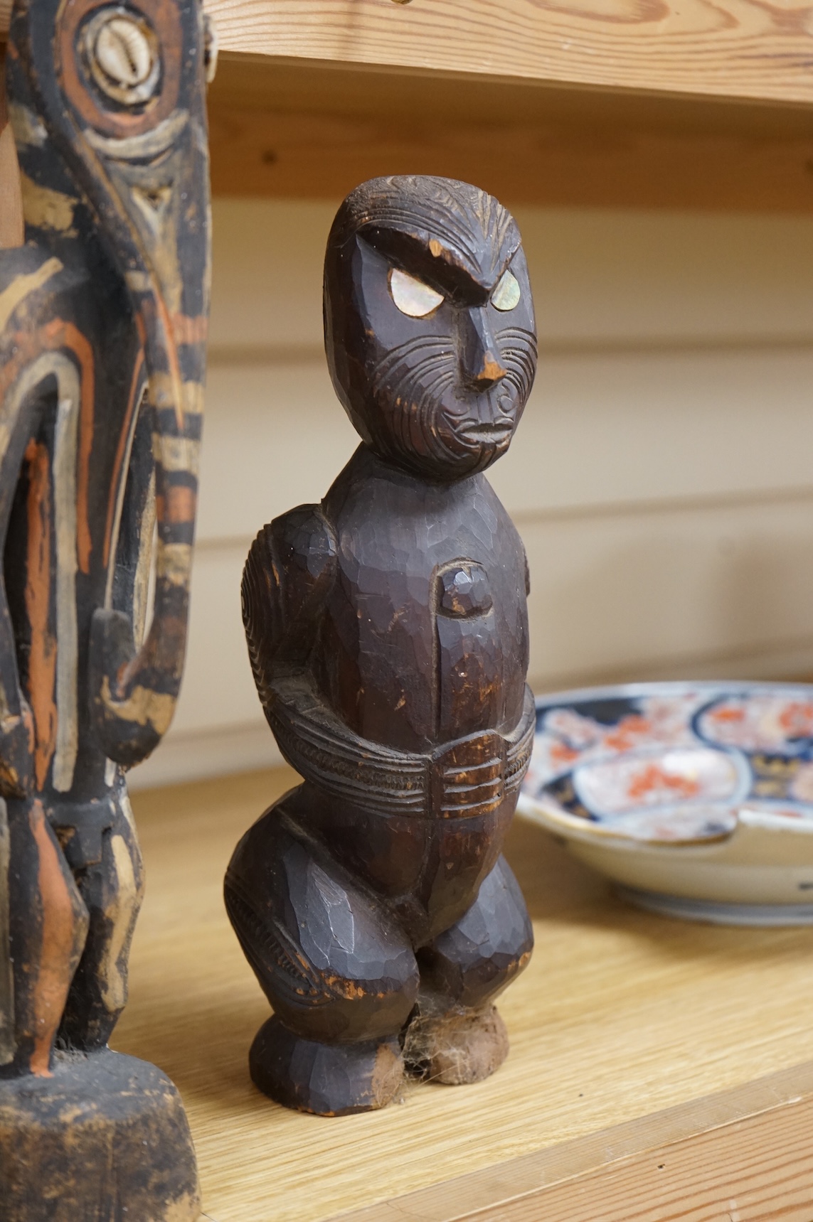 Three wood tribal figures, Africa, South Seas, tallest 37.5cm